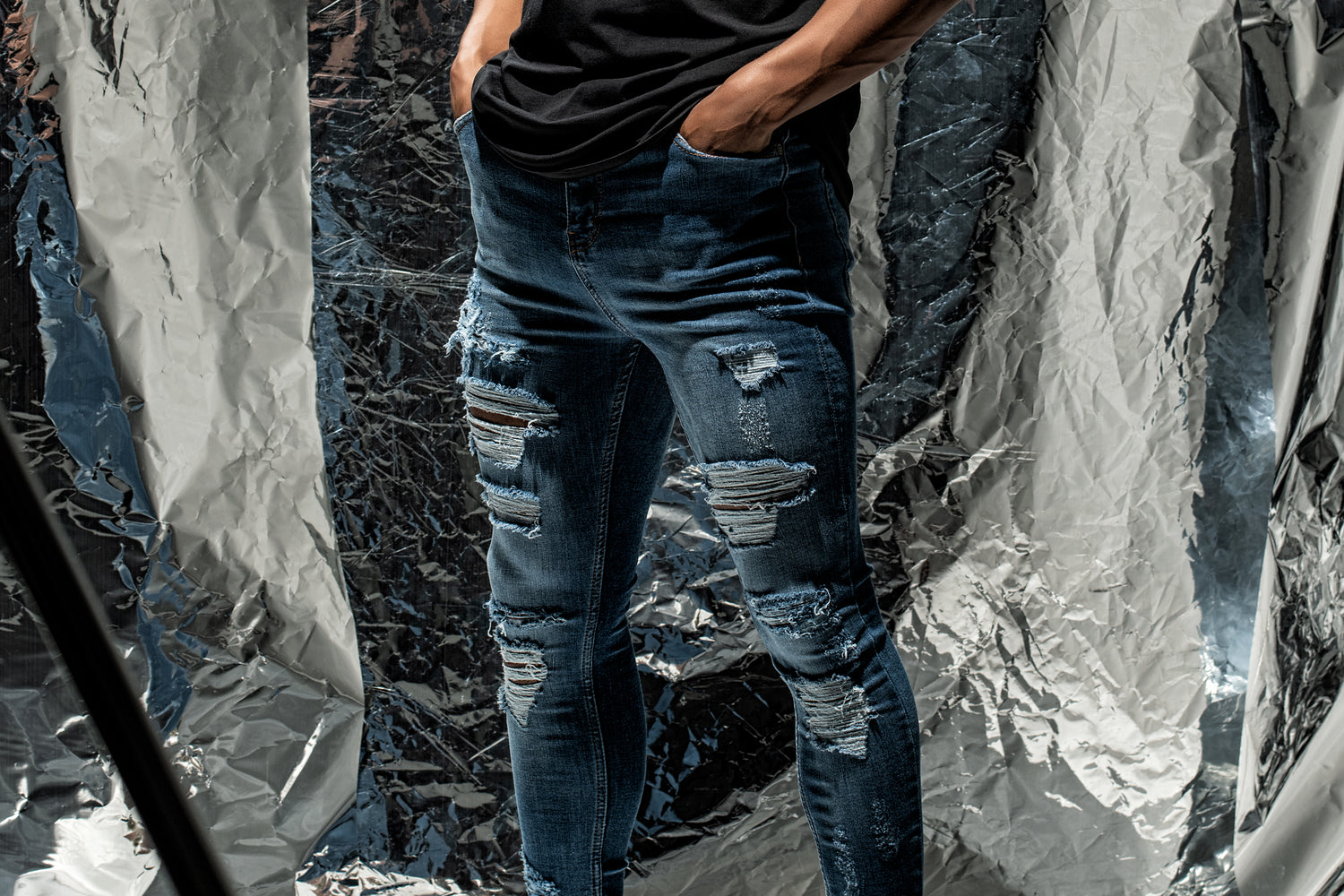 Denim Blue Mid Rise Ripped Jeans, Distressed Jeans