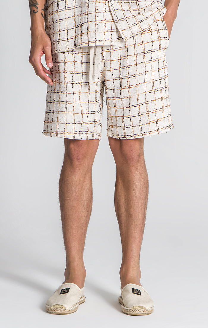 Beige Linen Check Shorts