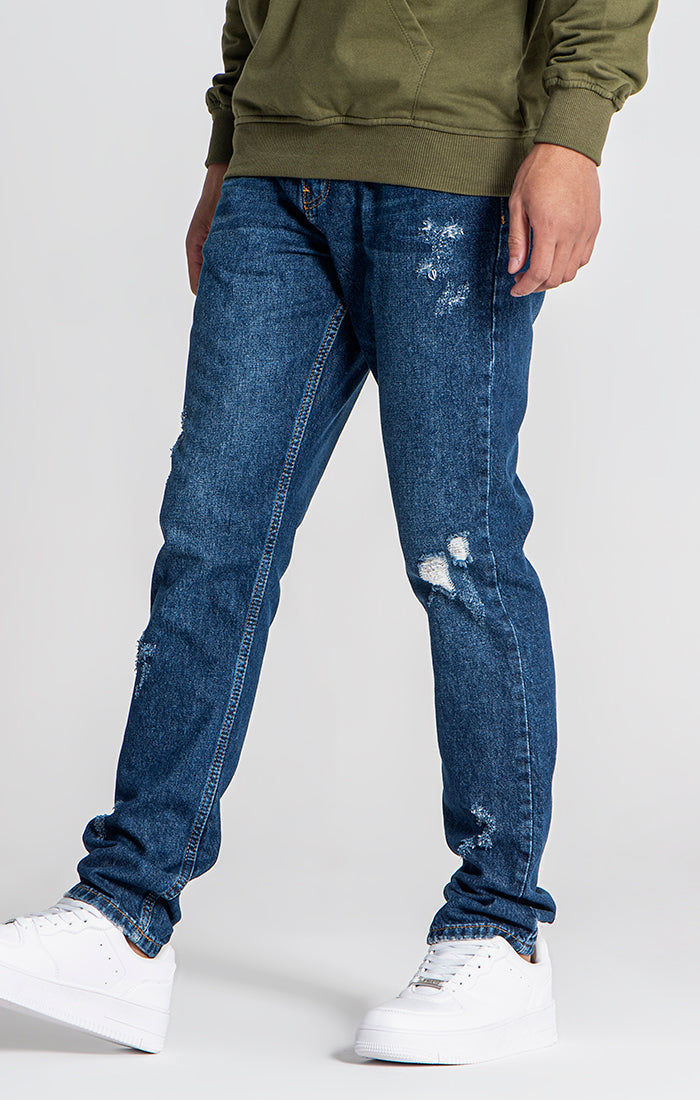 Dark Blue GK Ripped Straight-Leg Jeans